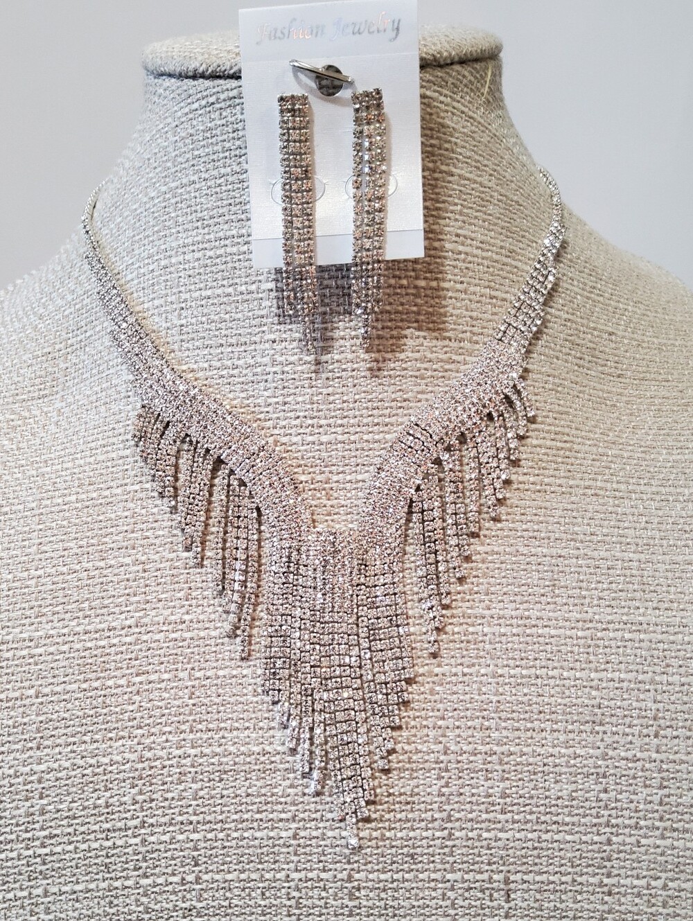 Fashion Jewelry Silver-Tone Rhinestone Fringe Necklace with Matching Earrings